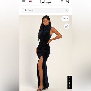 Lulu's Navy Blue Velvet Maxi Dress with High Slit